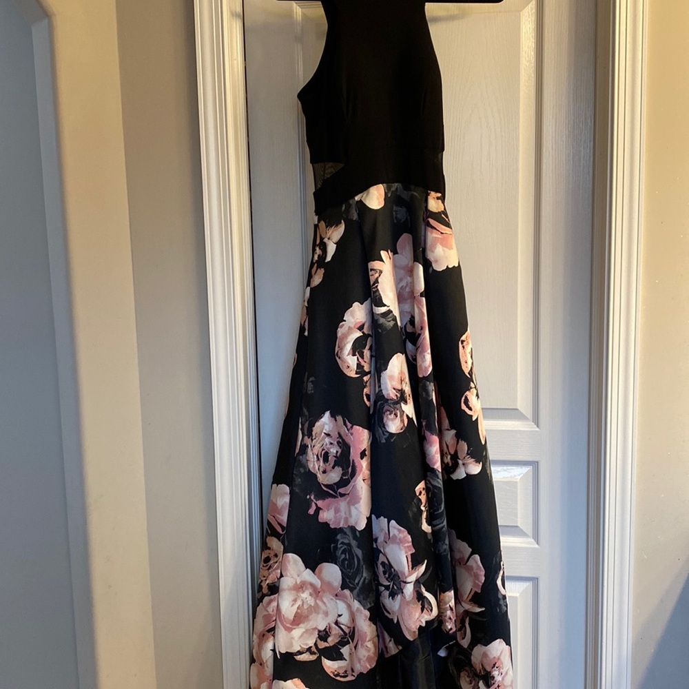 Xscape Black Prom Dress with Pink Floral Skirt